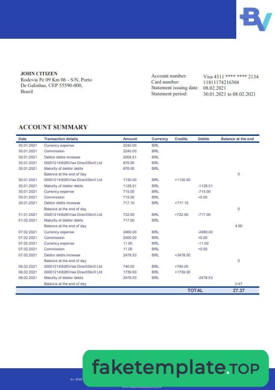 Feature of fake Brazil Banco Votorantim bank statement